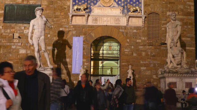 Hercules and Cacus is a white sculpture to right of entrance of Palazzo Vecchio in Piazza della Signoria, Florence, Italy. This work by Florentine artist Baccio Bandinelli.