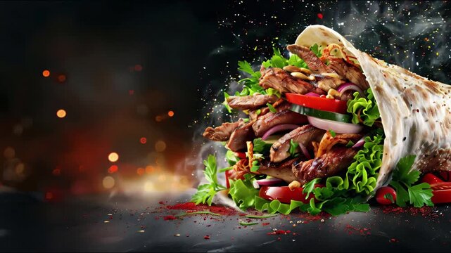 Grilled beef shawarma or chicken doner sandwich in a food banner. 