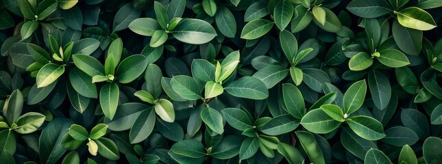 Obraz premium Closeup of lush green leaves on a boxwood hedge background, in a top view.