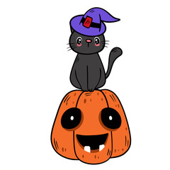 Black Cat Wizard Sitting with Pumpkin - Happy Halloween Vector Illustration and Clipart.


