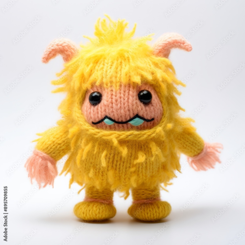 Wall mural A cute, yellow monster doll made of yarn wool stands against a white background