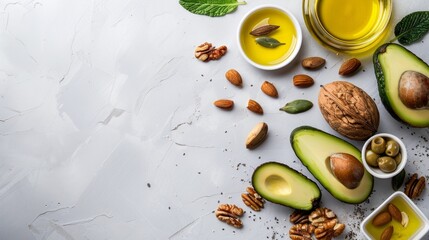 Image featuring an assortment of nuts, oils and healthy foods on a gray background. Avocado, oils, nuts, olives and chia seeds , promoting a clean and simple attitude to health.