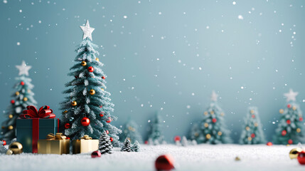 Obraz premium Snowy Christmas Scene with Decorated Trees and Gifts