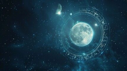 Celestial-themed digital artwork: dark blue starry sky, full moon surrounded by zodiac signs,...