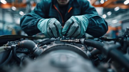 A close-up shot of a mechanic working diligently on a vehicle engine, with a focus on the intricate details and components of automobile repair within an industrial garage.