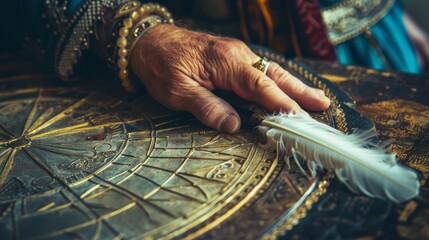 Elderly hand with rings holding a feather by a celestial sundial at 6 pm. Mystic vibe from crystals around, creating an ancient setting.