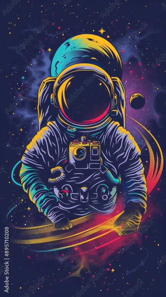 Wall mural an astronaut floats in a colorful space scene with a planet and galaxy backdrop. the futuristic imag