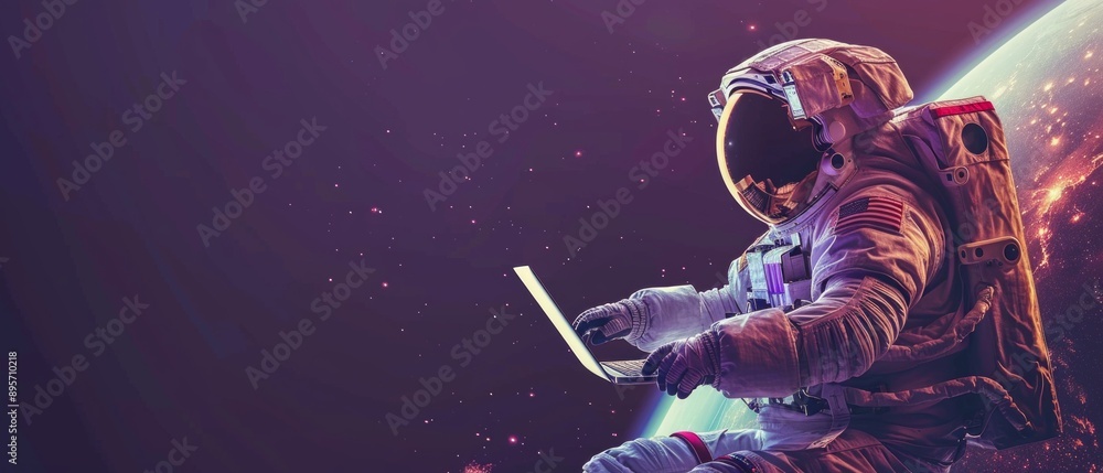Wall mural an astronaut in a white spacesuit sits on a planet using a laptop, with the illuminated planet in th