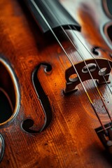Closeup on the bridge of a wooden cello showing fine craftsmanship
