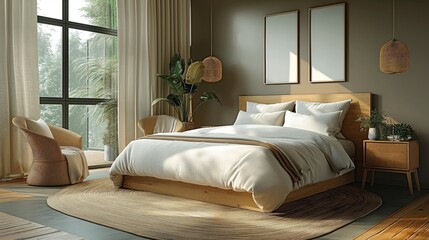 Fototapeta premium Serene Bedroom with Natural Light and Wooden Furniture, Perfect for Home Decor and Lifestyle Content