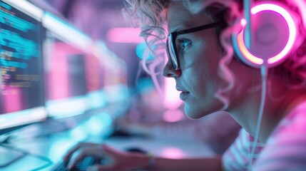 A focused programmer working on code in a neon-lit environment, representing the tech-driven world of coding, innovation and the blend of creativity with technology.