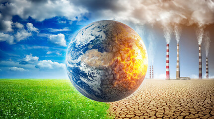 Earth of grass and clouds versus a ruined Earth on a background of a dead desert. Concept on...