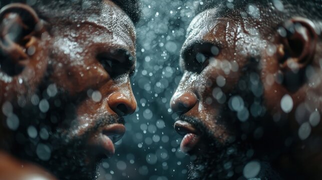 Two boxers face off in a high-stakes match, capturing the tension and determination in their expressions. This close-up focuses on the emotional and physical intensity.