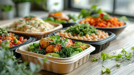 Colorful healthy food bowls on table - generative ai