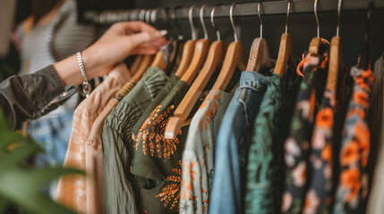 Naklejka premium Close-up shot of woman's hands choosing clothes on hangers