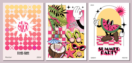 Groovy 70s summer posters, retro print with hippie elements with a cute watermelon cartoon mascot character. Palm leaves, coconut and sunglasses, trendy geometric style. 