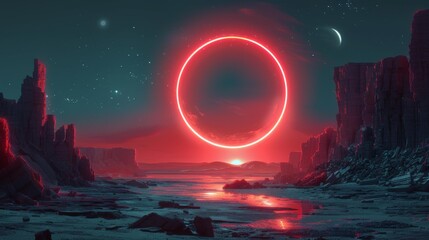 Sci-fi alien landscape with red eclipse - generative ai