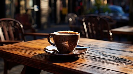 Coffee in brown cup on wooden table in cafe