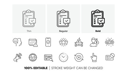 Face detect, Card and Notification line icons. Pack of Star, Reject refresh, Megaphone icon. Phone protection, Car charging, Cursor pictogram. Good mood, Time management, Salary. Line icons. Vector