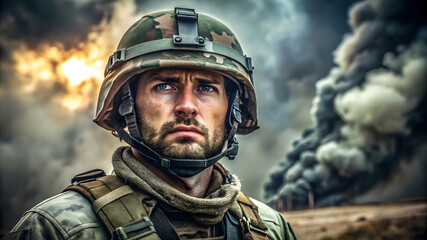 Naklejka premium Portrait of a soldier on the battlefield