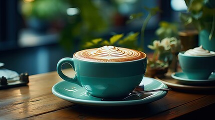 Coffee in green cup on wooden table in cafe