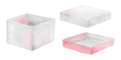 Open watercolor white gift box with two lids. Realistic hand drawn watercolor illustration on white