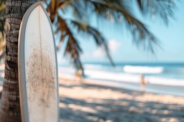 Surfboard On Beach Under Palm Tree