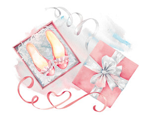 Hand drawn watercolor illustration open pink gift box with coral shoes on lilac background