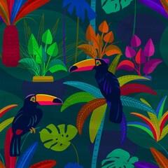 Rainforest, Tropical forest with colorful leaves and toucans in cartoon style. Seamless pattern - Jungle and fantasy plants