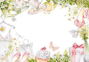 Watercolor women items and daisies elegant square frame. Hand drawn watercolor illustration on white