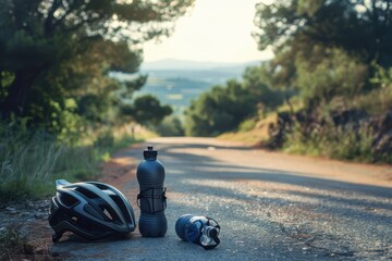 A bicycle helmet and water bottle