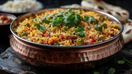 Vegetable biryani in copper bowl - generative ai