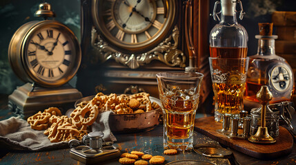 Fototapeta premium Steampunk Mechanical Clock with Classic Whiskey and Retro Snacks for Vintage Lounge 