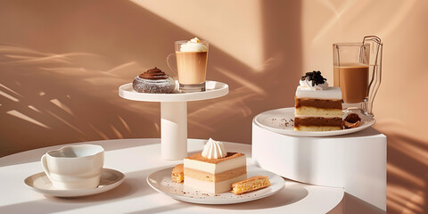 Modern Geometric Podium with Gourmet Desserts and Trendy Coffee for Contemporary Café 