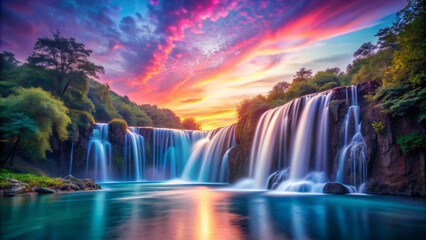 Obraz premium Majestic Waterfall at Sunset - A Vibrant Landscape of Nature’s Beauty
