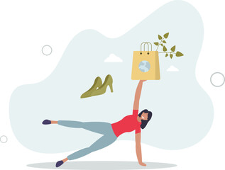 Conscious consumption, slow fashion and responsible shopping concept.woman choosing shoes.flat design.illustration with people.