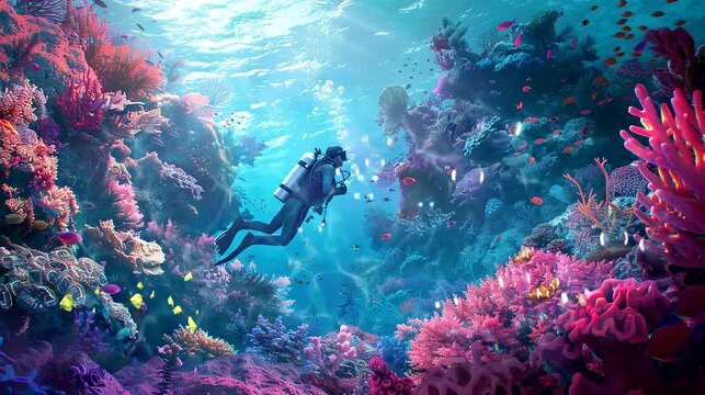 Scuba diver with fish and coral reef. Seamless looping time-lapse 4k video animation background