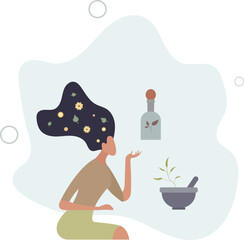 Aromatherapy scent procedure with healthy essential oils .Smelling floral fragrance as alternative medicine treatment process .flat design.illustration with people.