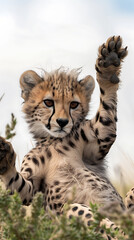 Obraz premium Cheerful Cheetah Cub with Playful Behavior and Paws in the Air Resting on Savanna 