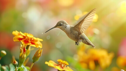 Fototapeta premium Surprised Hummingbird with Blurred Wings and Wide Eyes Hovering Near Flower 