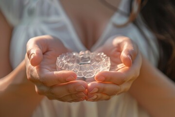 Woman holding a delicate crystal in her hands, concept of care and mindfulness. Gentle and ethereal style, suited for wellness and meditation content. Generative AI