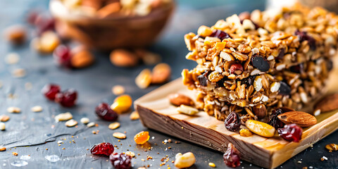 Close-Up of Freshly Made Granola Bar with Nuts and Dried Fruits Set Against Abstract Earthy Background 