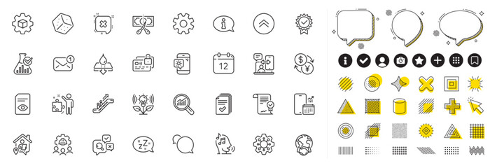 Set of Service, Product development and Chemistry lab line icons for web app. Design elements, Social media icons. Phone calendar, Reject, Voicemail icons. Vector