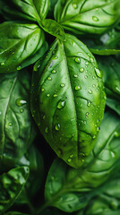Fototapeta premium Close-Up of Fresh Basil Leaves with Water Droplets High Detail and Natural Light 
