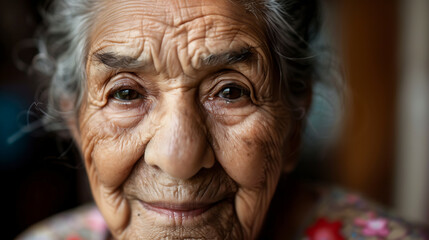 Detailed Portrait of an Elderly Hispanic Woman with Warm Expression Natural Light 