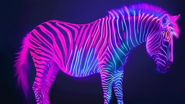 A zebra with glowing neon stripes stands against a dark background at night. The vibrant, multicolored lights emphasize the unique patterns on its body, creating a surreal and captivating visual