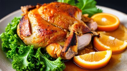 Pollo asado con guarnici&oacute;n de naranjas y lechuga, servido en un plato gris en una mesa de madera.