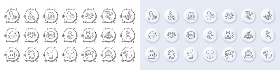 Remove team, Salary and Cyber attack line icons. White pin 3d buttons, chat bubbles icons. Pack of Disability, Teamwork chart, Rent car icon. Inclusion, Smartphone holding, Support pictogram. Vector