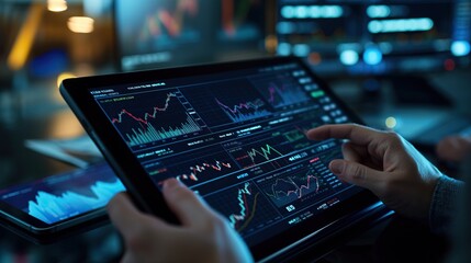 Person using a digital tablet to analyze financial data charts