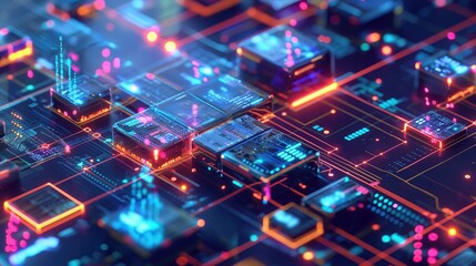 Obraz premium Detailed Digital Circuitry with Electronic Components in Neon